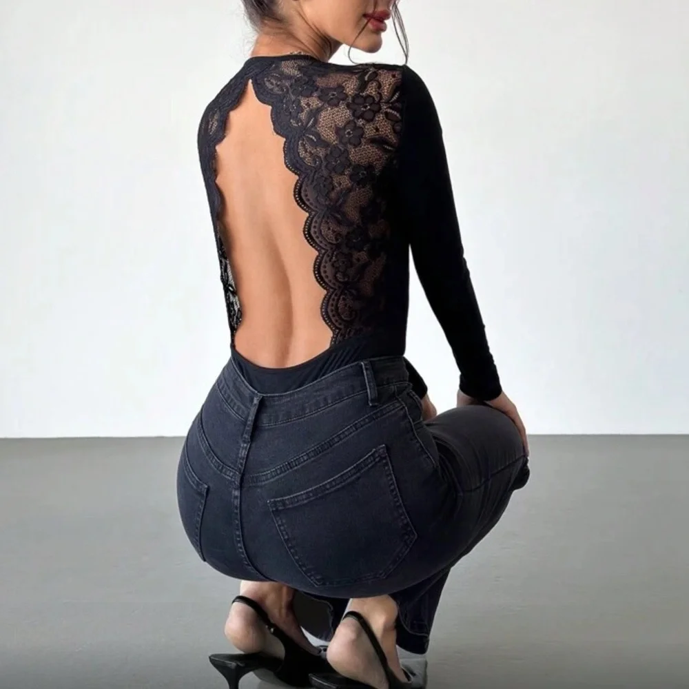 Black Lace Backless Top